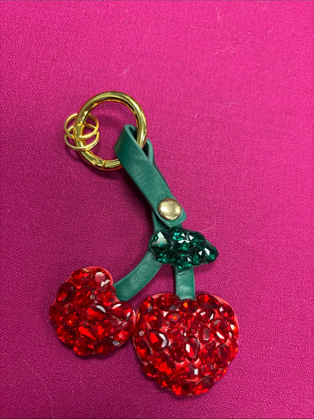 VAKA Gemstone Cherry Keychain - Green Strap with Red Crystal Cherries W/O Tag